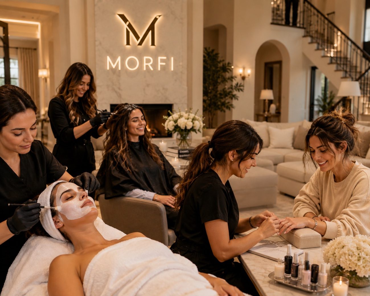 A group of guests enjoying facials, hair and nails at a Morfi beauty party